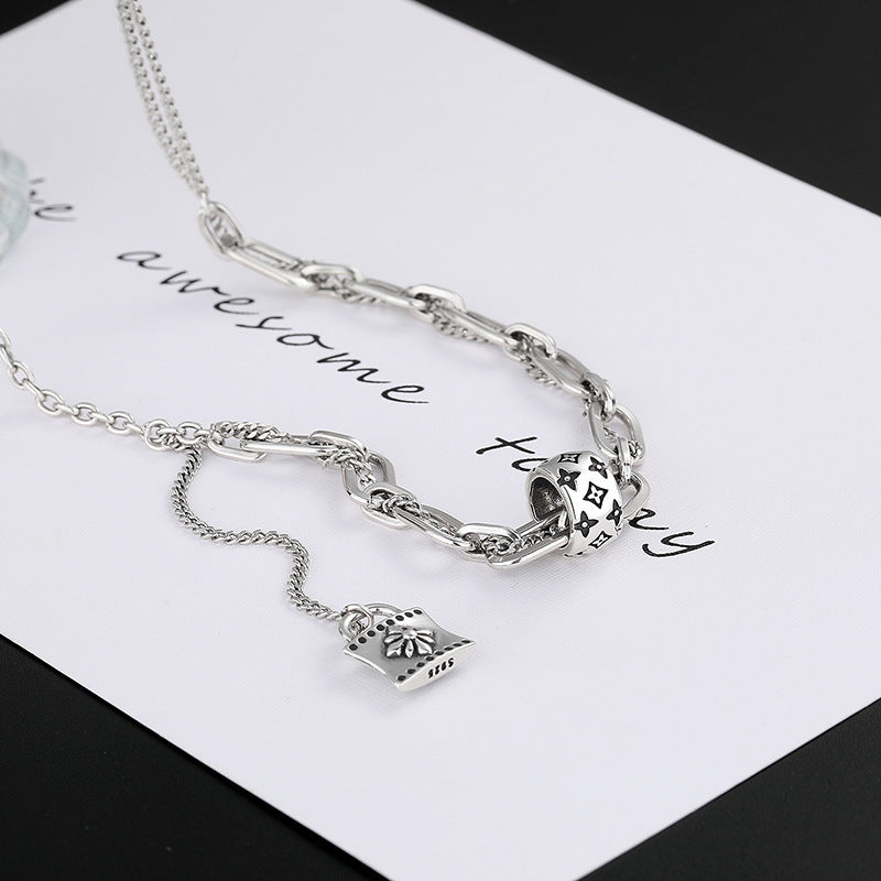 S925 Sterling Silver Print Collier Femmes de Rétro Style High Class Blocage Gland Chaîne de Reprise Double Couche Splice Chandail Chaîne - Maria B.