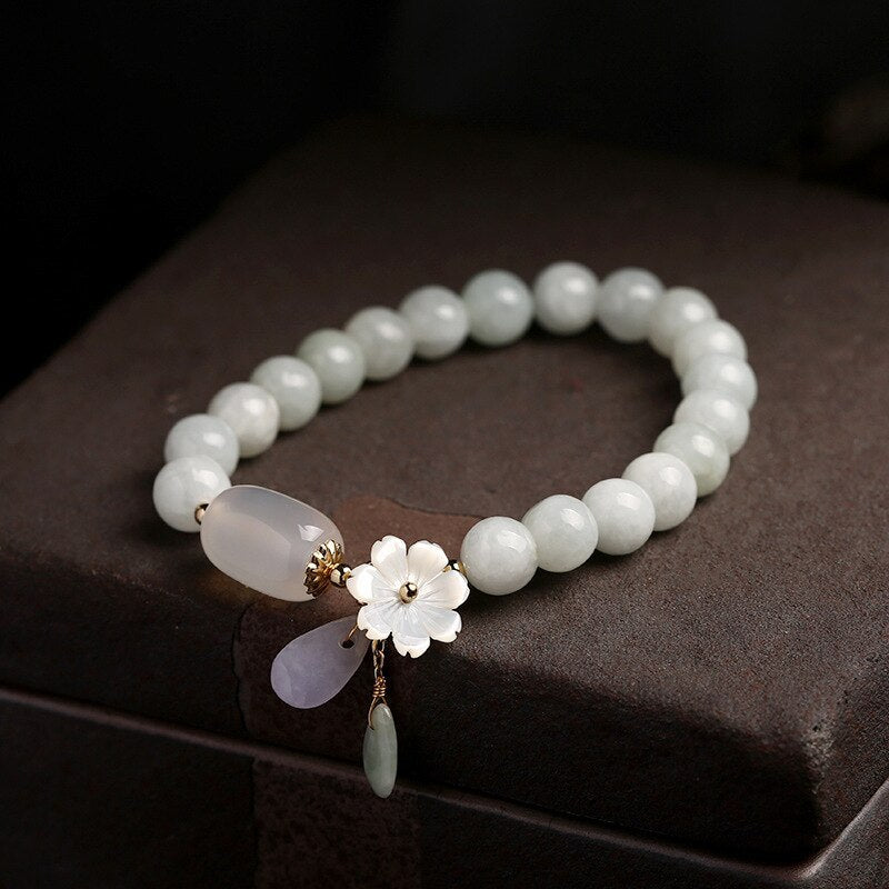 Bracelet Fleur d'Agate - Jadeite, Agate, Coquillage et Or 14k