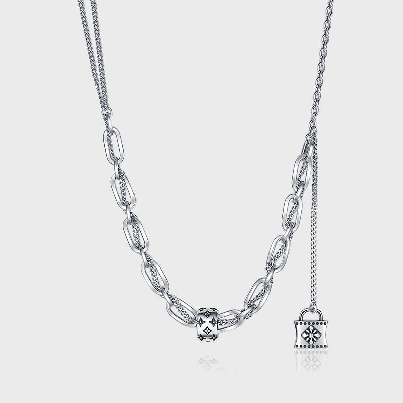 S925 Sterling Silver Print Collier Femmes de Rétro Style High Class Blocage Gland Chaîne de Reprise Double Couche Splice Chandail Chaîne - Maria B.