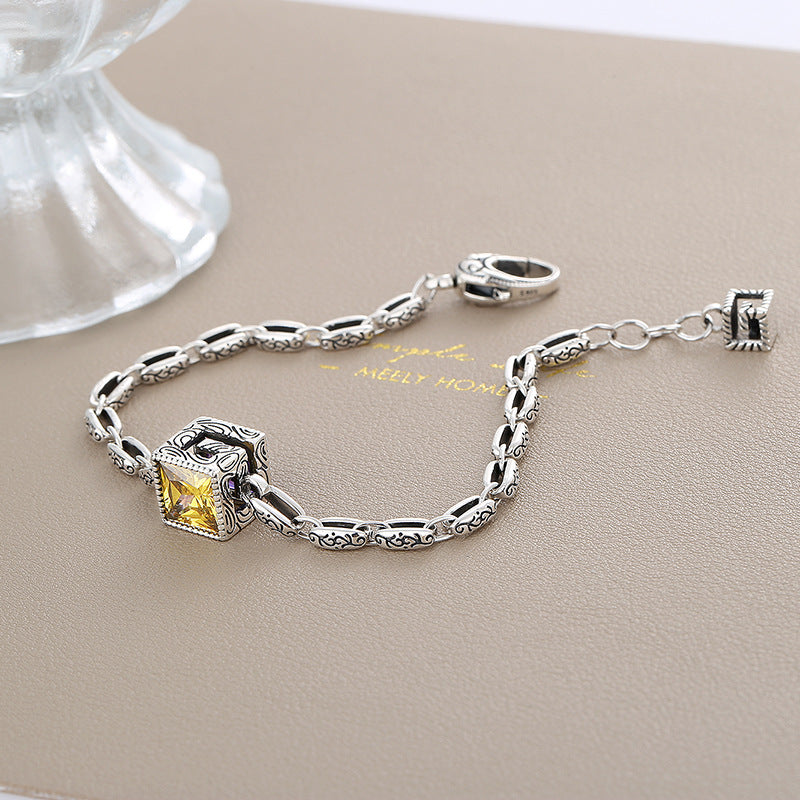 Letter G Purple Zircon Bracelet Women's Vintage S925 Sterling Silver Carved Heavy Design Bracelet - Maria B.