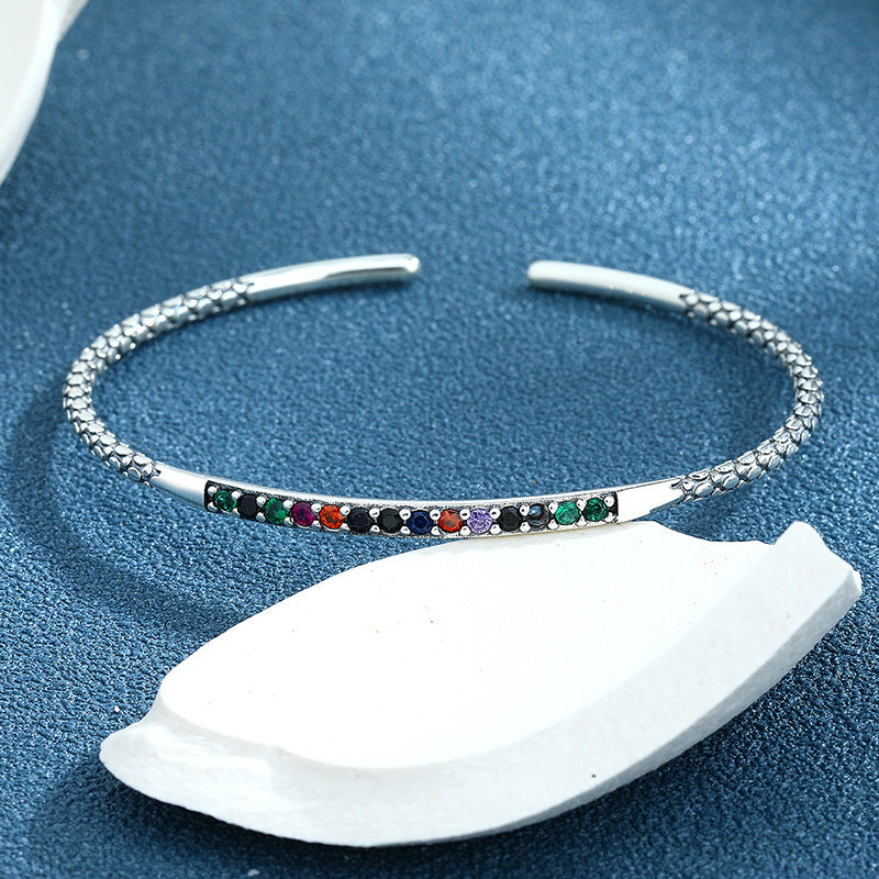 S925 Sterling Silver Vintage Carved Pattern Bracelet Women's Simple Small Design Rainbow Light Luxury Bracelet - Maria B.