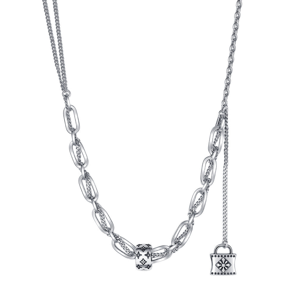 S925 Sterling Silver Print Collier Femmes de Rétro Style High Class Blocage Gland Chaîne de Reprise Double Couche Splice Chandail Chaîne - Maria B.