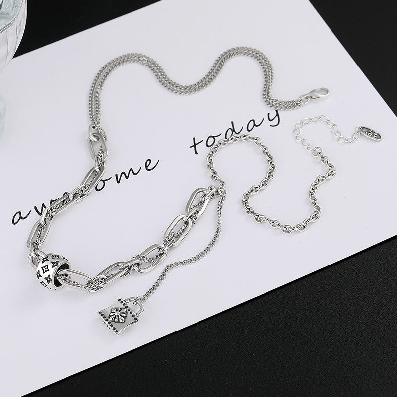 S925 Sterling Silver Print Collier Femmes de Rétro Style High Class Blocage Gland Chaîne de Reprise Double Couche Splice Chandail Chaîne - Maria B.