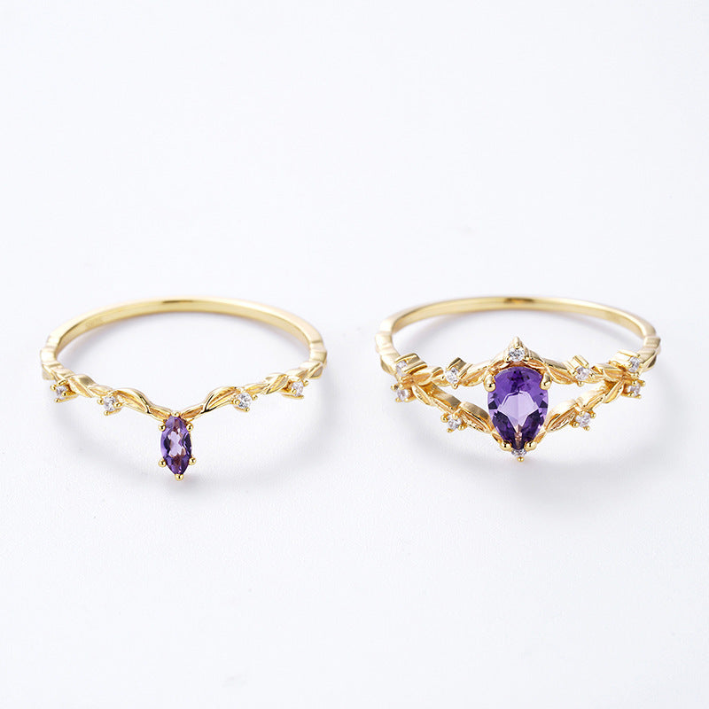 S925 argent plaqué 14k or améthyste ensemble de bagues - Maria B.