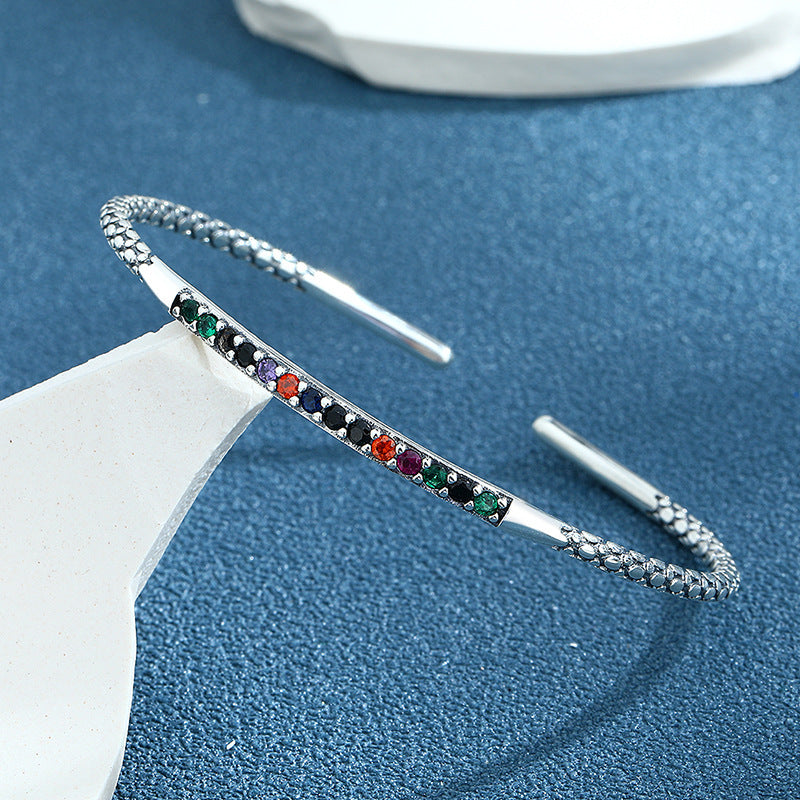 S925 Sterling Silver Vintage Carved Pattern Bracelet Women's Simple Small Design Rainbow Light Luxury Bracelet - Maria B.