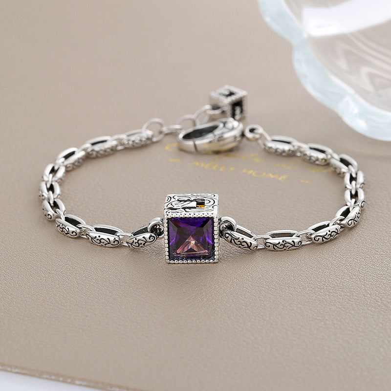 Letter G Purple Zircon Bracelet Women's Vintage S925 Sterling Silver Carved Heavy Design Bracelet - Maria B.