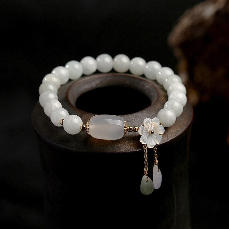 Bracelet Fleur d'Agate - Jadeite, Agate, Coquillage et Or 14k