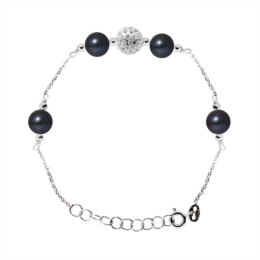 un bracelet avec des perles noires et des perles argentées
