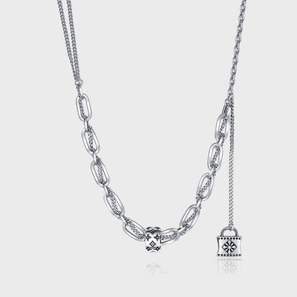 S925 Sterling Silver Print Collier Femmes de Rétro Style High Class Blocage Gland Chaîne de Reprise Double Couche Splice Chandail Chaîne - Maria B.