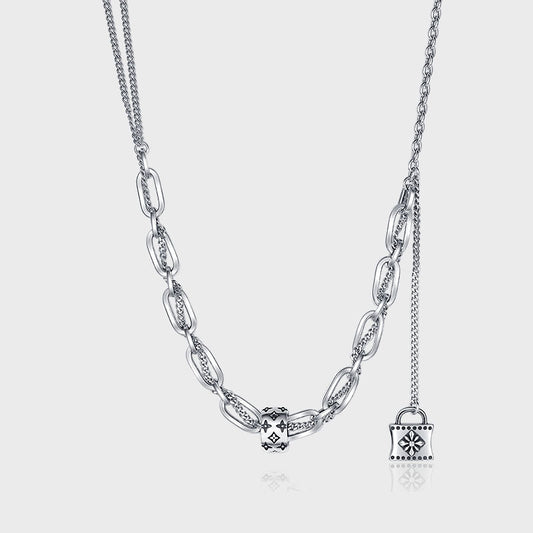 S925 Sterling Silver Print Collier Femmes de Rétro Style High Class Blocage Gland Chaîne de Reprise Double Couche Splice Chandail Chaîne - Maria B.