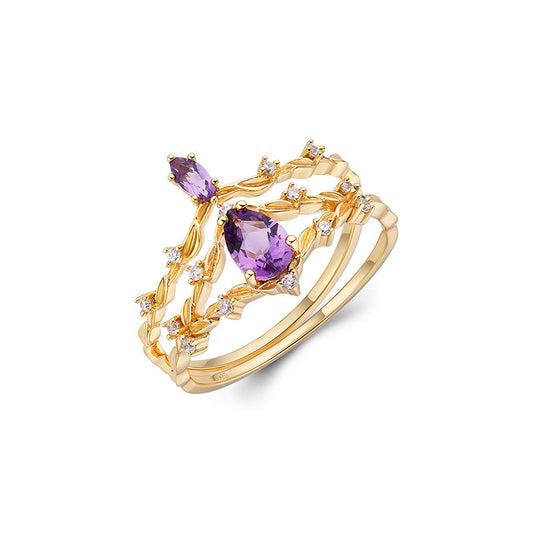 S925 argent plaqué 14k or améthyste ensemble de bagues - Maria B.