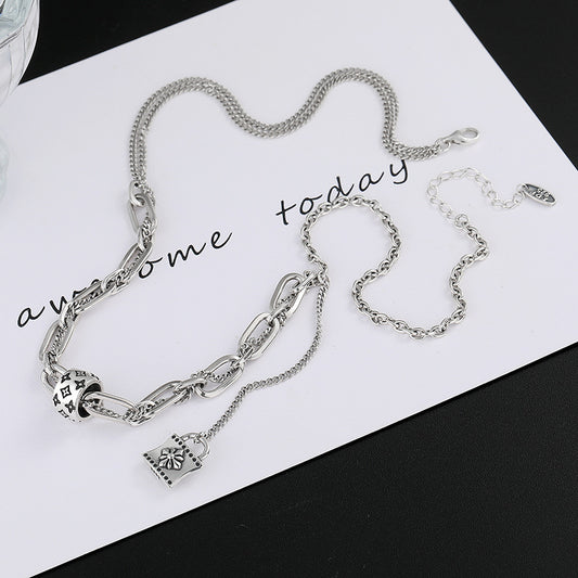 S925 Sterling Silver Print Collier Femmes de Rétro Style High Class Blocage Gland Chaîne de Reprise Double Couche Splice Chandail Chaîne - Maria B.