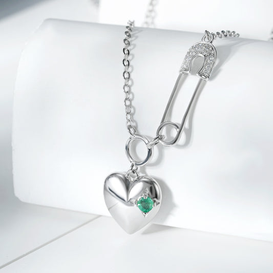 Cool Necklace Women's Fashion S925 Silver Emerald Heart Pendant Paper Clip - Maria B.