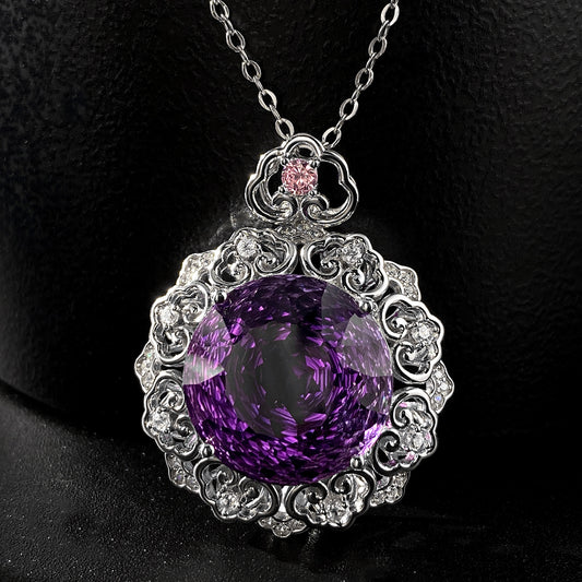 Luxueux S925 Argent Set Naturel Améthyste Pendentif Femme Vintage Modèle Senior Chaîne Pull Qualité Bijoux - Maria B.