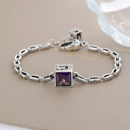 Letter G Purple Zircon Bracelet Women's Vintage S925 Sterling Silver Carved Heavy Design Bracelet - Maria B.